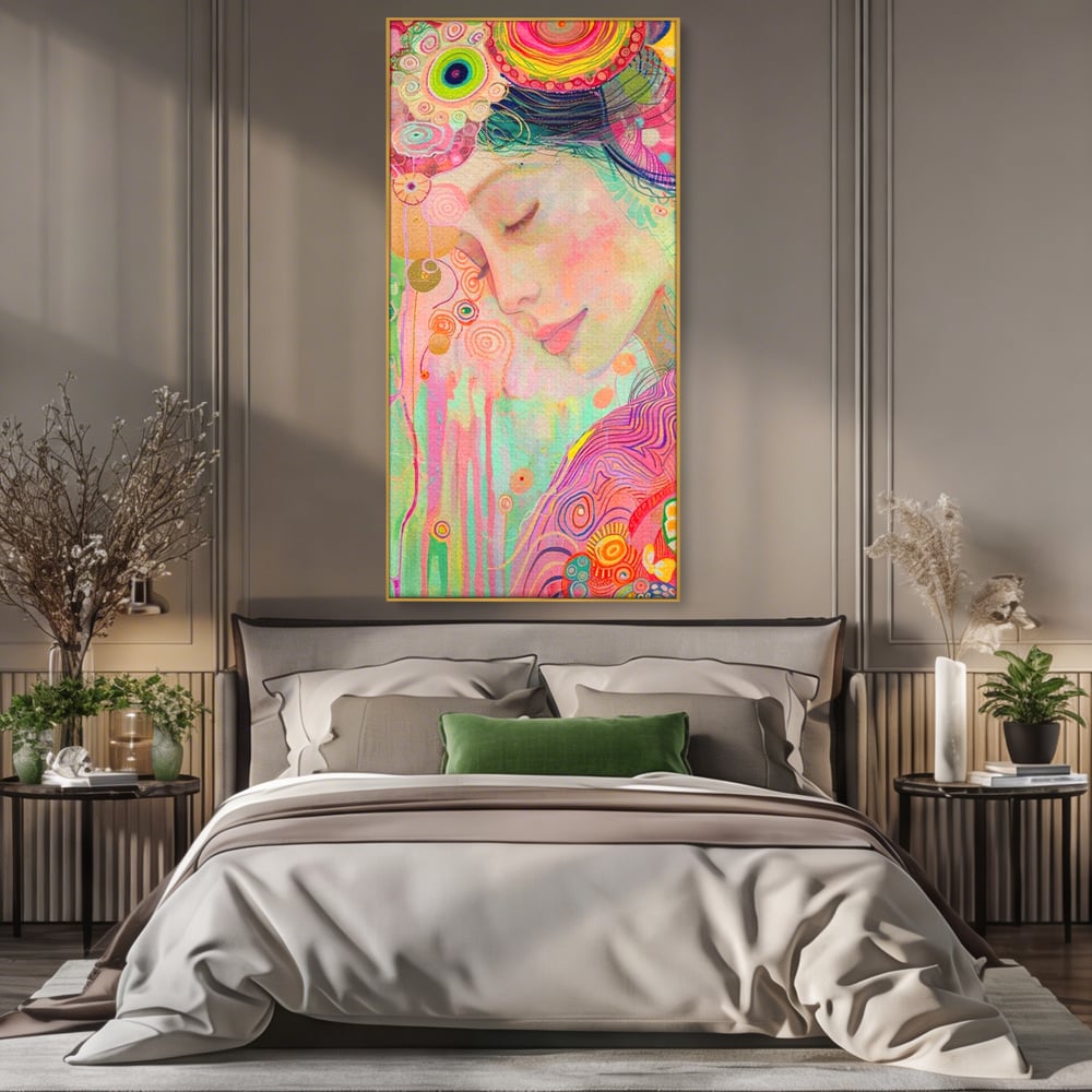 Tablou canvas cu tablou canvas cu portret de zana, in rama de aluminiu auriu, pe perete intr-un dormitor